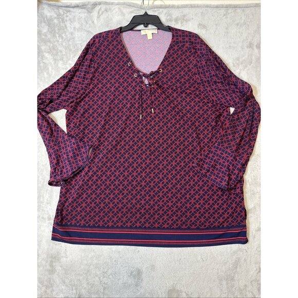 Michael Kors Plus Size 3X Lace Up V-Neck Tunic Blouse Geometric Print - Picture 5 of 11